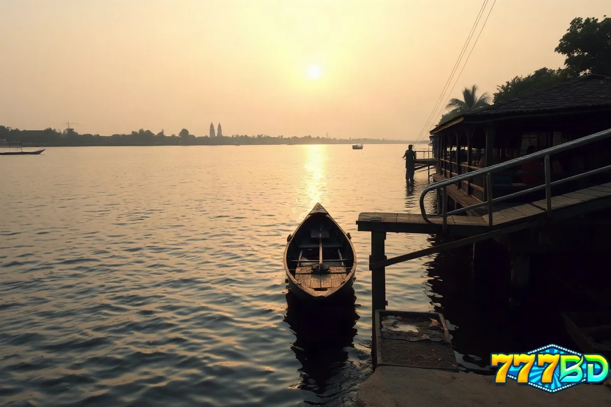সোনালি আলোয় বাংলাদেশের নদীর ঘাটের প্রশস্ত দৃশ্য