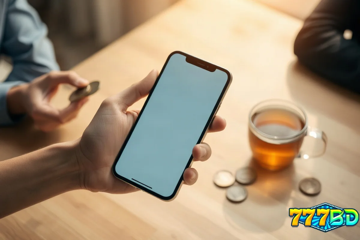 হাতে স্মার্টফোন ও কয়েন, ৭৭৭বিডিতে ডিপোজিট ও উইথড্রয়ালের পেমেন্ট পদ্ধতি বোঝায়