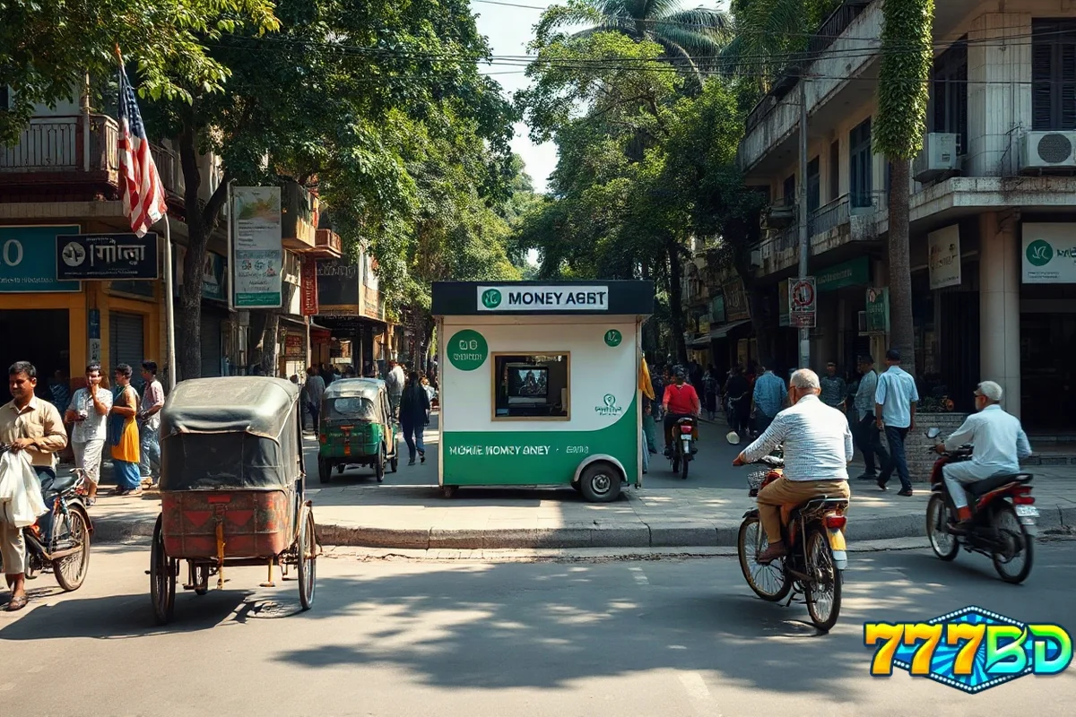 ঢাকার রাস্তায় মোবাইল মানি এজেন্টের দোকান, ৭৭৭BD গেমে টাকা জমা ও উত্তোলনের দৃশ্য