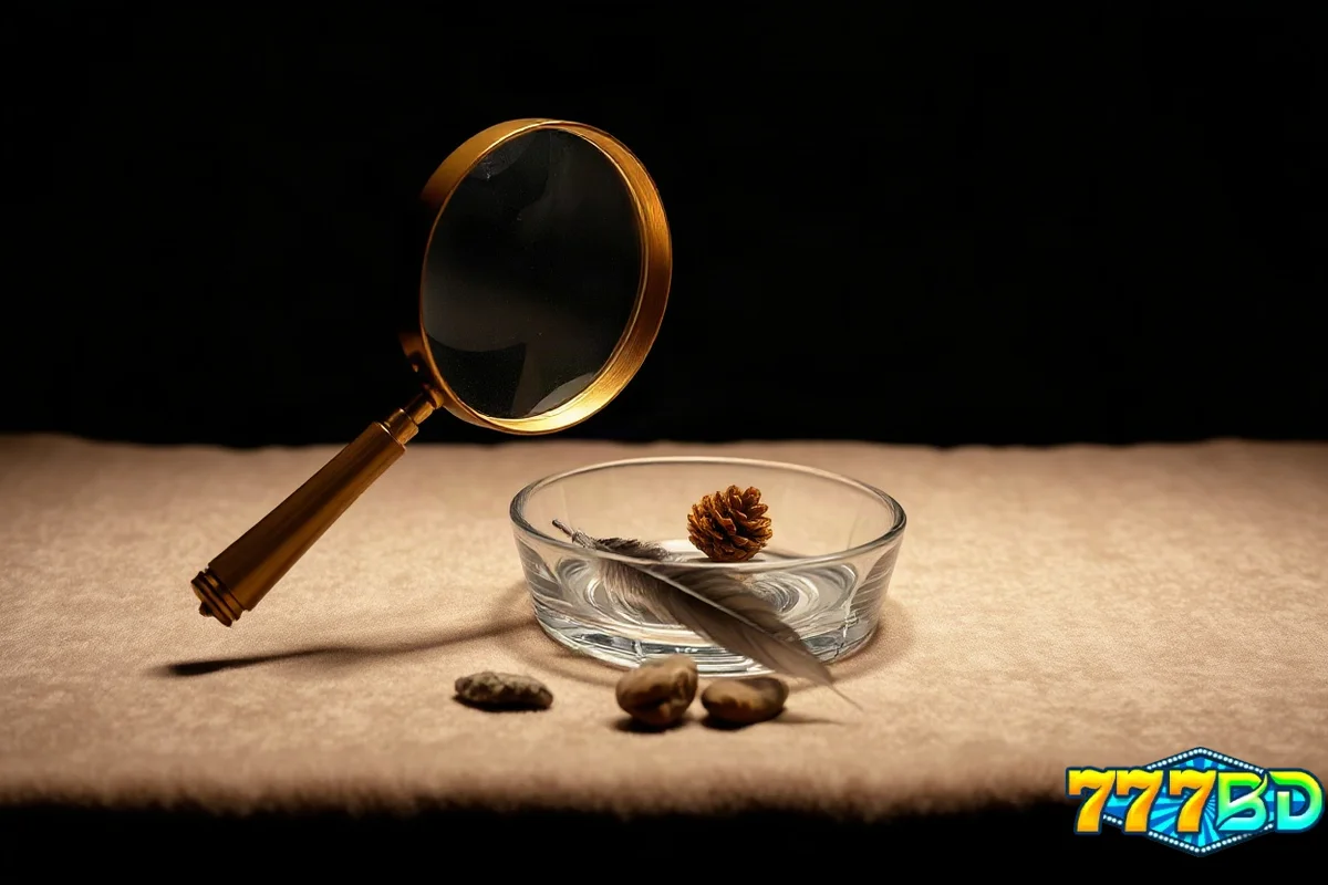 ভেলভেটের উপর বিবর্ধক কাচ, পাথর ও পালক সাজানো, নাটকীয় আলোয় স্থিরচিত্র