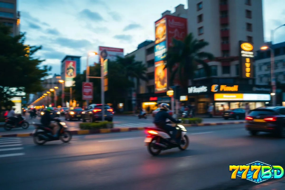 সন্ধ্যায় শহরের রাস্তায় জ্বলজ্বলে আলো ও blurred মোটরসাইকেলের দৃশ্য