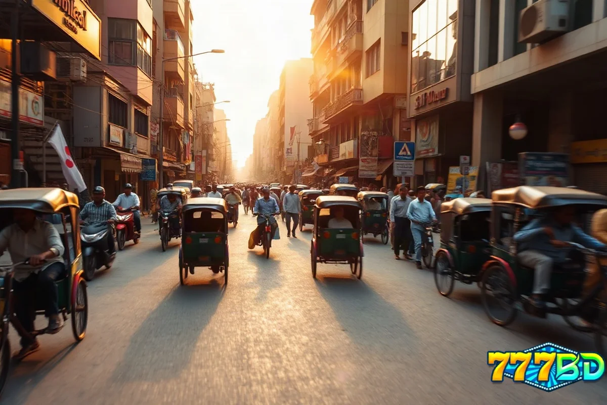 ঢাকার প্রাণবন্ত রাস্তা, সোনালি আলোয় রিকশা ও pedestrians, ৭৭৭BD সচরাচর জিজ্ঞাসিত প্রশ্নের প্রেক্ষাপট